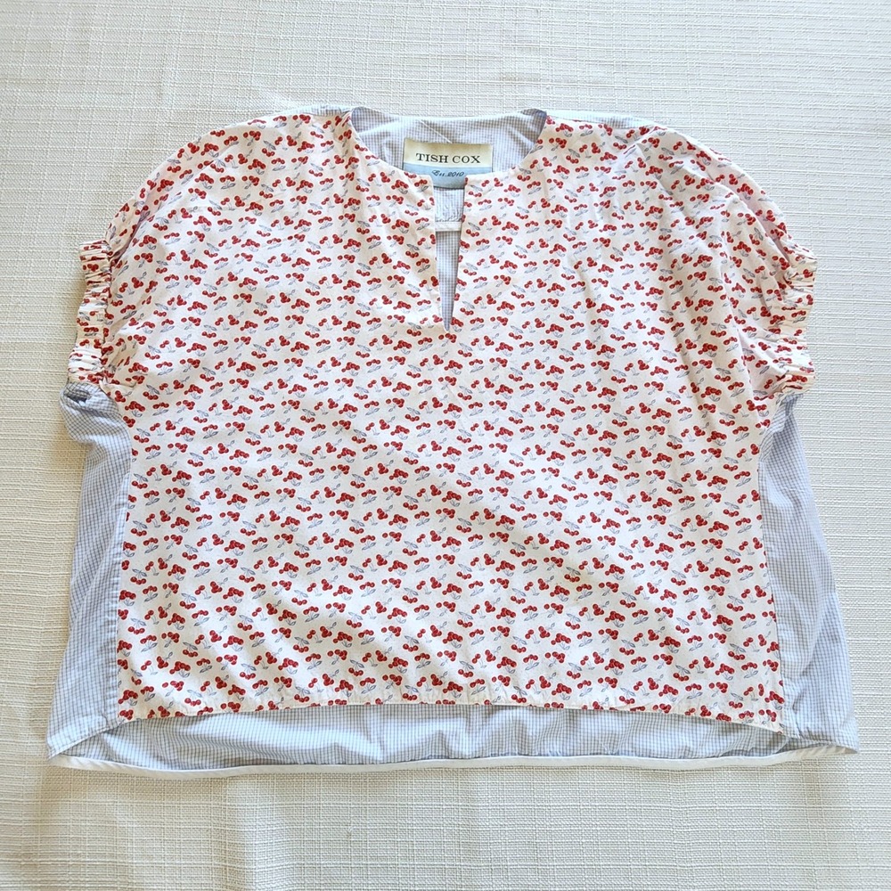 Trish Cox V-Neck Pop Over Oversized Fit Blouse Top Cherry Print Sz. S - Picture 3 of 9